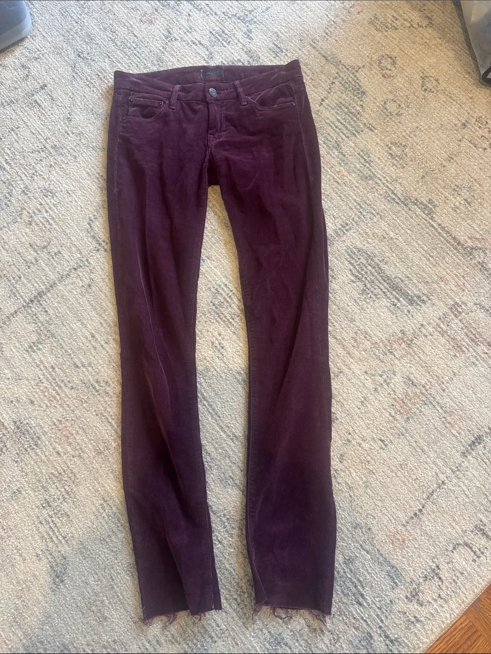 MOTHER the looker Women's Corduroy Pants in Deep Plum with frayed hem